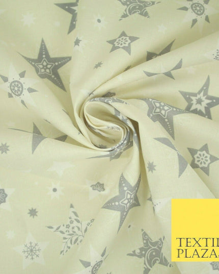 Festive Christmas Grey Multi Stars Snowflakes Printed 100% Cotton Fabric 56"