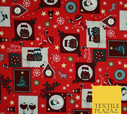 Festive Christmas Patchwork Owls Snowman Stars Printed 100% Cotton Fabric 54"