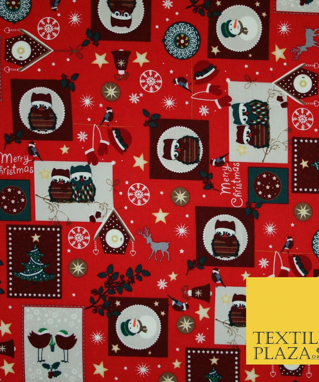 Festive Christmas Patchwork Owls Snowman Stars Printed 100% Cotton Fabric 54"