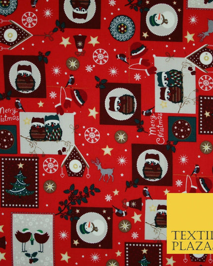 Festive Christmas Patchwork Owls Snowman Stars Printed 100% Cotton Fabric 54"