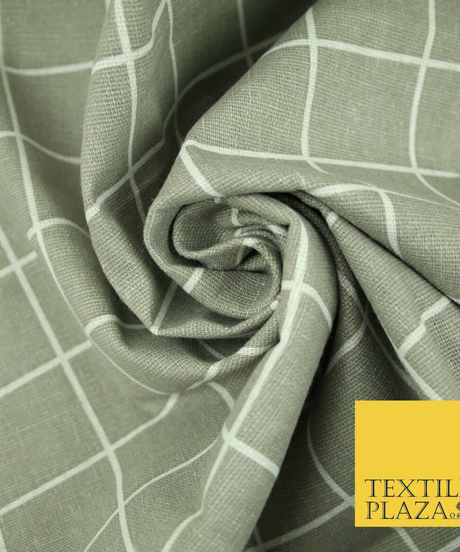 Grey White 4cm Square Box Check Think Lines Printed 100% Cotton Linen Fabric 60"