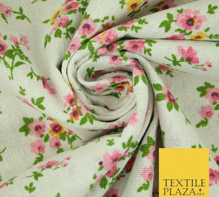 Watercolour Pink Floral Garden Flowers Printed 100% Cotton Linen Fabric 60" Wide