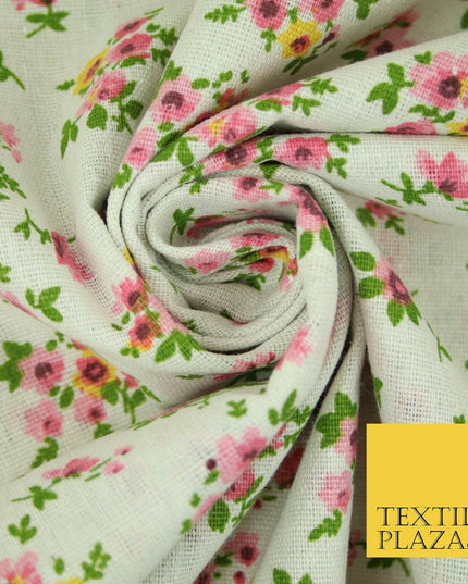 Watercolour Pink Floral Garden Flowers Printed 100% Cotton Linen Fabric 60" Wide