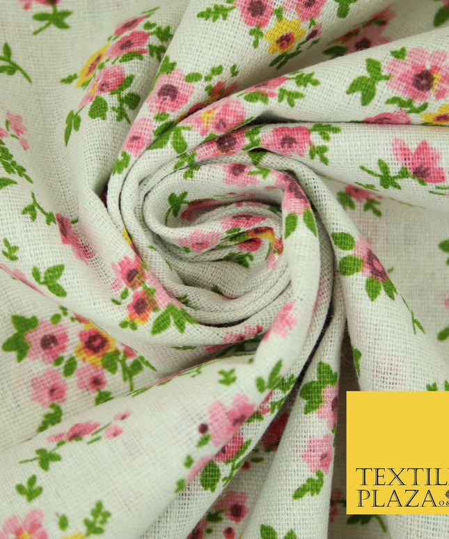 Watercolour Pink Floral Garden Flowers Printed 100% Cotton Linen Fabric 60" Wide