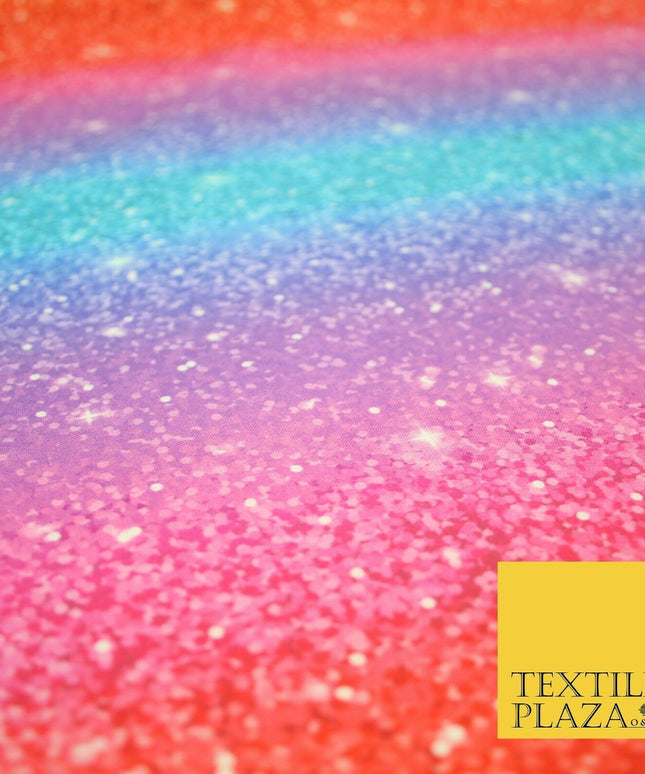 Colourful Chunky Glitter Rainbow Shaded Printed 100% Cotton Fabric Pride NHS 59"