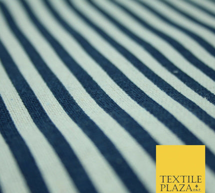 Navy Blue Red 5mm Bengal Candy Stripes Lines Printed 100% Cotton Linen Fabric60"