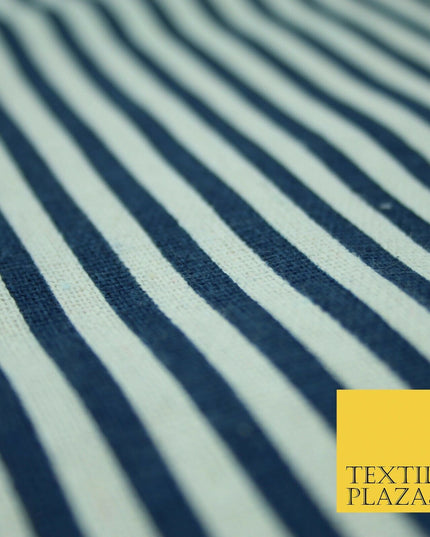 Navy Blue Red 5mm Bengal Candy Stripes Lines Printed 100% Cotton Linen Fabric60"