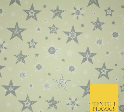 Festive Christmas Grey Multi Stars Snowflakes Printed 100% Cotton Fabric 56"