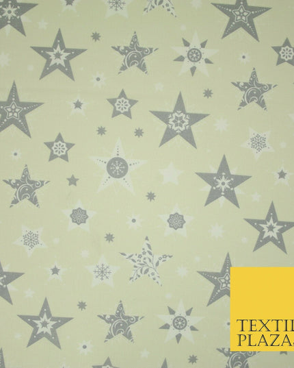 Festive Christmas Grey Multi Stars Snowflakes Printed 100% Cotton Fabric 56"