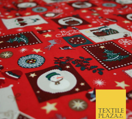 Festive Christmas Patchwork Owls Snowman Stars Printed 100% Cotton Fabric 54"