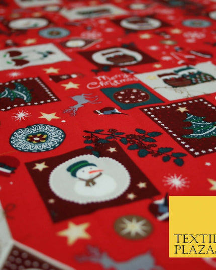 Festive Christmas Patchwork Owls Snowman Stars Printed 100% Cotton Fabric 54"