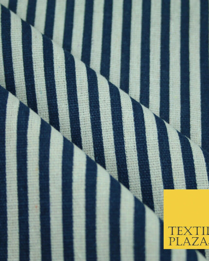 Navy Blue Red 5mm Bengal Candy Stripes Lines Printed 100% Cotton Linen Fabric60"