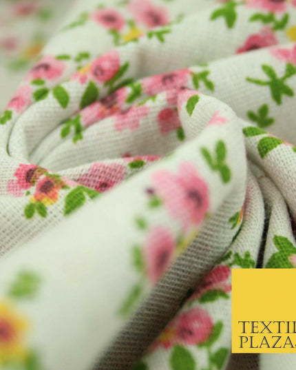 Watercolour Pink Floral Garden Flowers Printed 100% Cotton Linen Fabric 60" Wide