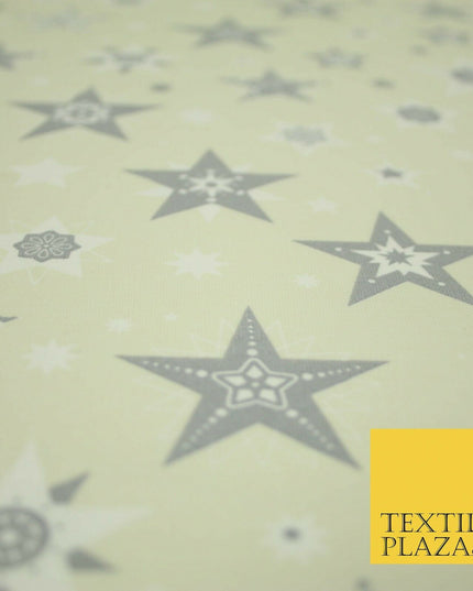 Festive Christmas Grey Multi Stars Snowflakes Printed 100% Cotton Fabric 56"