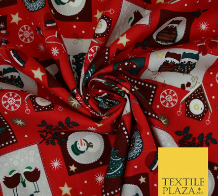 Festive Christmas Patchwork Owls Snowman Stars Printed 100% Cotton Fabric 54"
