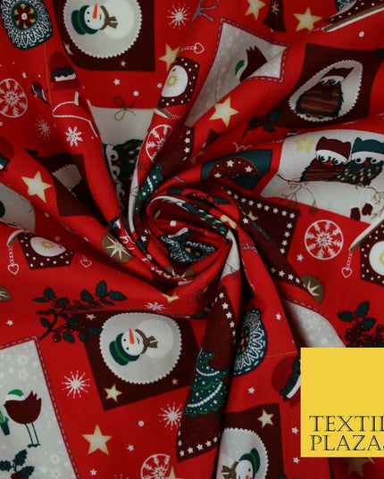 Festive Christmas Patchwork Owls Snowman Stars Printed 100% Cotton Fabric 54"