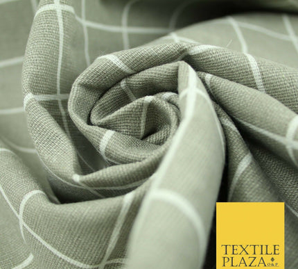 Grey White 4cm Square Box Check Think Lines Printed 100% Cotton Linen Fabric 60"