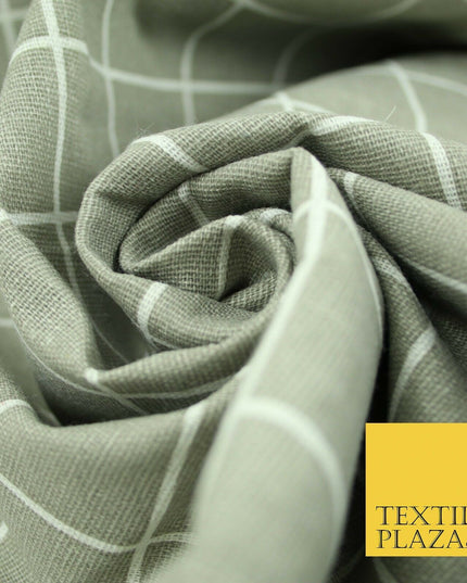Grey White 4cm Square Box Check Think Lines Printed 100% Cotton Linen Fabric 60"