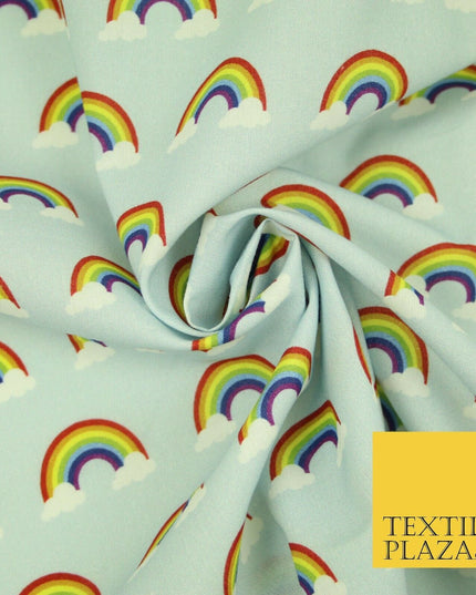 Light Blue Rainbows & Clouds Sky Printed 100% Cotton Fabric Pride NHS 59" Wide