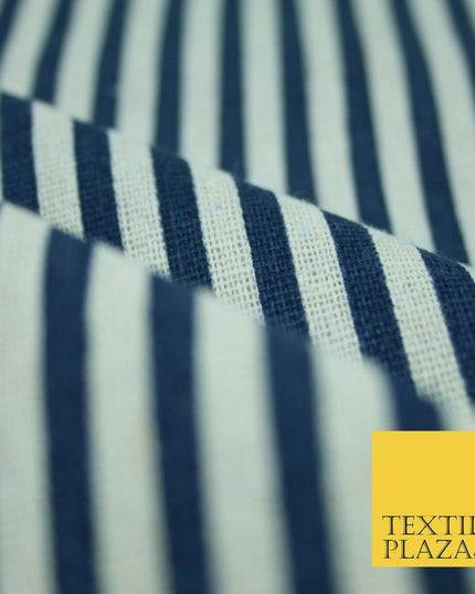 Navy Blue Red 5mm Bengal Candy Stripes Lines Printed 100% Cotton Linen Fabric60"