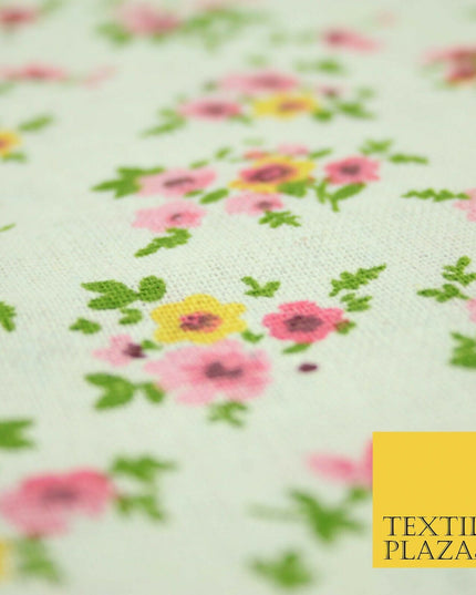 Watercolour Pink Floral Garden Flowers Printed 100% Cotton Linen Fabric 60" Wide