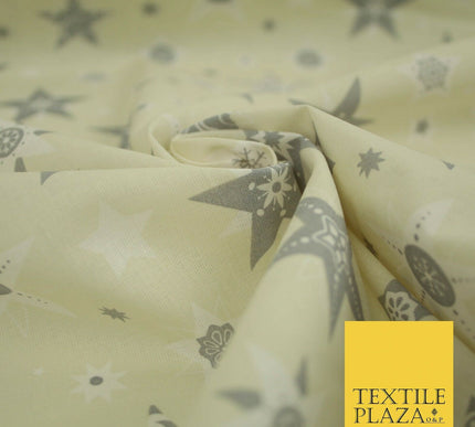 Festive Christmas Grey Multi Stars Snowflakes Printed 100% Cotton Fabric 56"