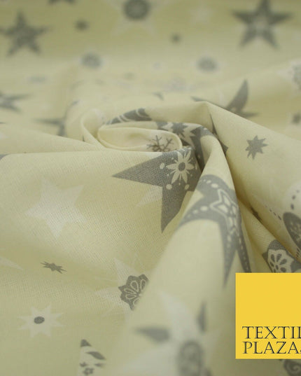 Festive Christmas Grey Multi Stars Snowflakes Printed 100% Cotton Fabric 56"