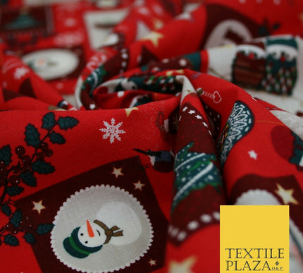 Festive Christmas Patchwork Owls Snowman Stars Printed 100% Cotton Fabric 54"