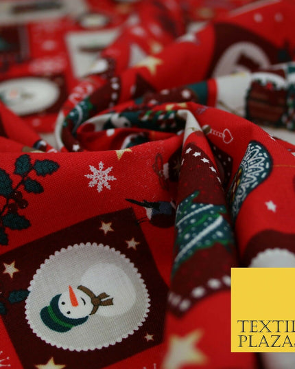 Festive Christmas Patchwork Owls Snowman Stars Printed 100% Cotton Fabric 54"