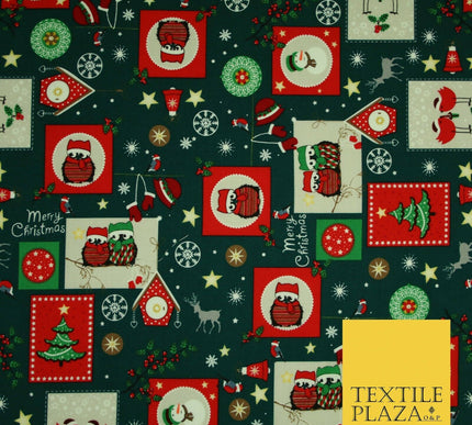 Festive Christmas Patchwork Owls Snowman Stars Printed 100% Cotton Fabric 54"