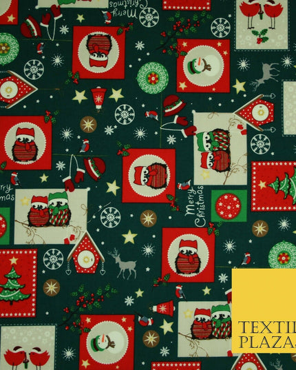 Festive Christmas Patchwork Owls Snowman Stars Printed 100% Cotton Fabric 54"
