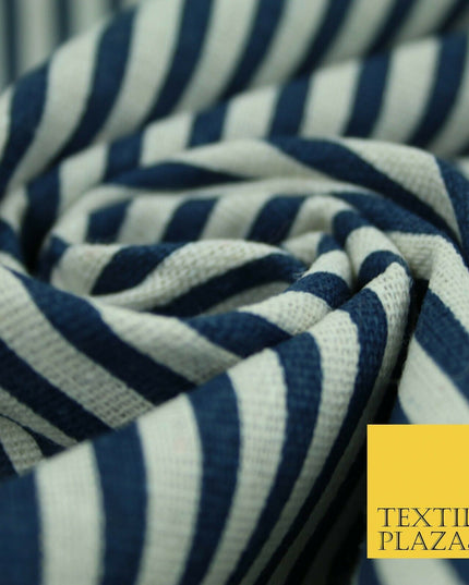 Navy Blue Red 5mm Bengal Candy Stripes Lines Printed 100% Cotton Linen Fabric60"
