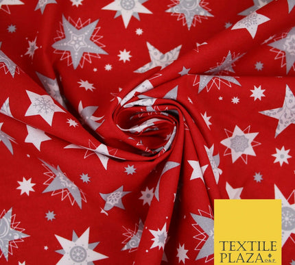 Festive Christmas Grey Multi Stars Snowflakes Printed 100% Cotton Fabric 56"