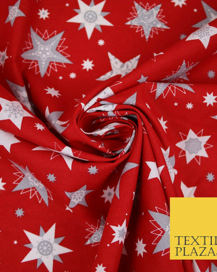 Festive Christmas Grey Multi Stars Snowflakes Printed 100% Cotton Fabric 56"