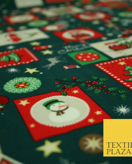 Festive Christmas Patchwork Owls Snowman Stars Printed 100% Cotton Fabric 54"