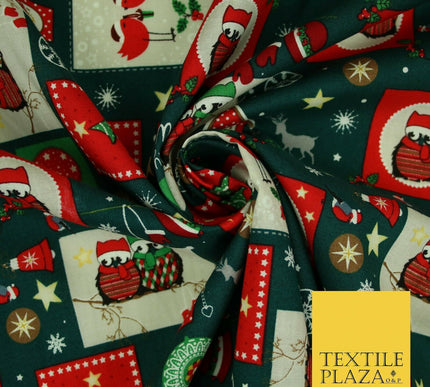 Festive Christmas Patchwork Owls Snowman Stars Printed 100% Cotton Fabric 54"