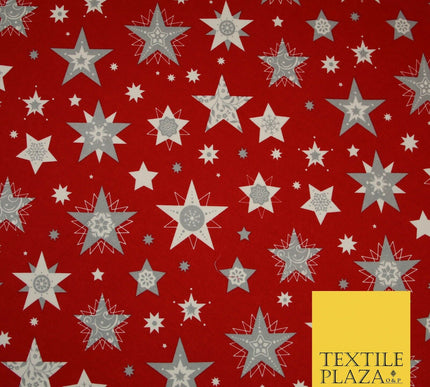 Festive Christmas Grey Multi Stars Snowflakes Printed 100% Cotton Fabric 56"