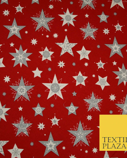 Festive Christmas Grey Multi Stars Snowflakes Printed 100% Cotton Fabric 56"