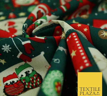Festive Christmas Patchwork Owls Snowman Stars Printed 100% Cotton Fabric 54"