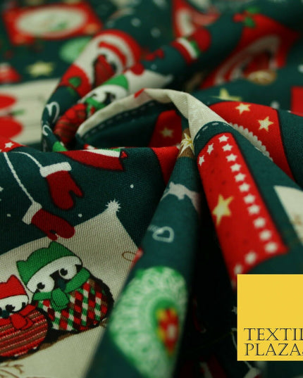 Festive Christmas Patchwork Owls Snowman Stars Printed 100% Cotton Fabric 54"