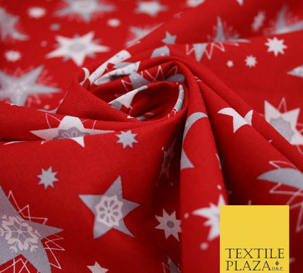 Festive Christmas Grey Multi Stars Snowflakes Printed 100% Cotton Fabric 56"