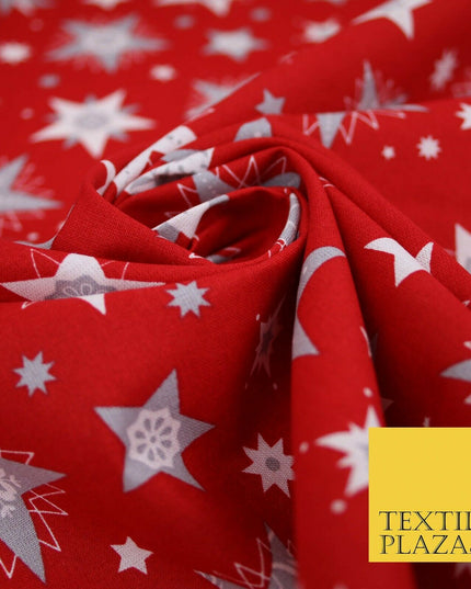 Festive Christmas Grey Multi Stars Snowflakes Printed 100% Cotton Fabric 56"