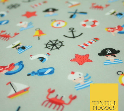Kids Pirate Sailor Sea Anchor Nautical Printed Poly Cotton Fabric Polycotton 44"