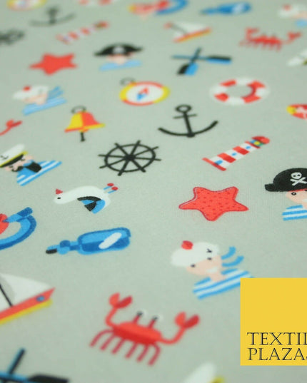 Kids Pirate Sailor Sea Anchor Nautical Printed Poly Cotton Fabric Polycotton 44"