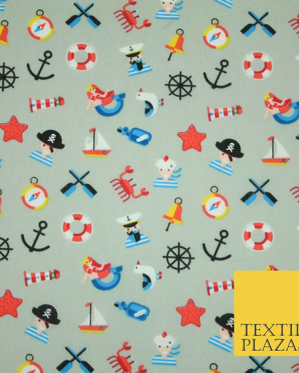 Kids Pirate Sailor Sea Anchor Nautical Printed Poly Cotton Fabric Polycotton 44"