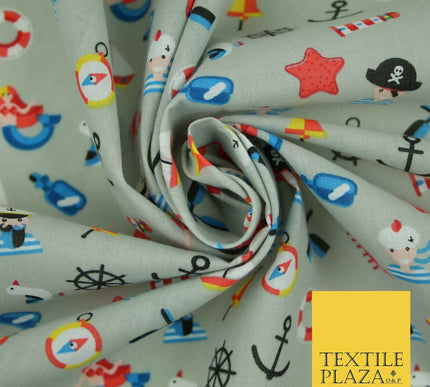 Kids Pirate Sailor Sea Anchor Nautical Printed Poly Cotton Fabric Polycotton 44"