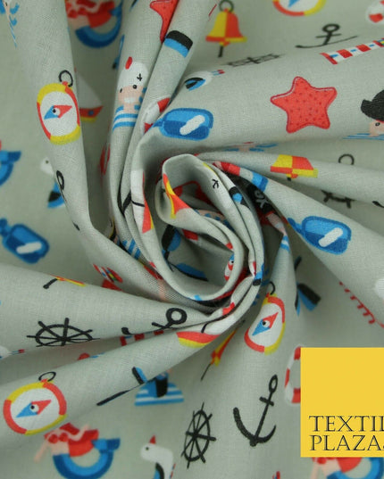 Kids Pirate Sailor Sea Anchor Nautical Printed Poly Cotton Fabric Polycotton 44"