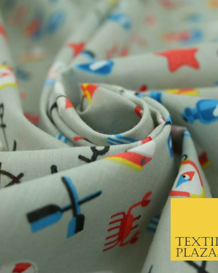 Kids Pirate Sailor Sea Anchor Nautical Printed Poly Cotton Fabric Polycotton 44"