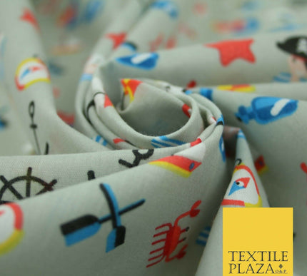 Kids Pirate Sailor Sea Anchor Nautical Printed Poly Cotton Fabric Polycotton 44"