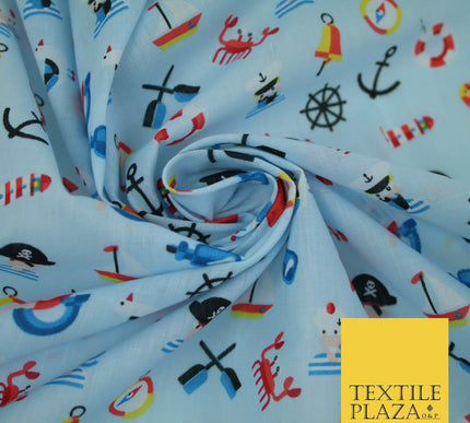 Kids Pirate Sailor Sea Anchor Nautical Printed Poly Cotton Fabric Polycotton 44"